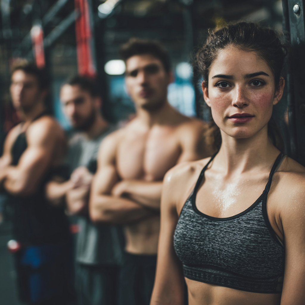 Group of diverse Hungarian adults of different ages doing strength training with weights in a modern fitness center